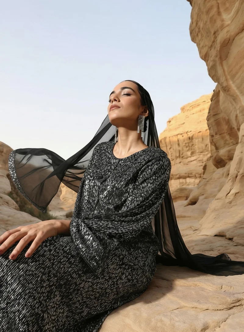 آي شين Black Textured Abaya with Hijab